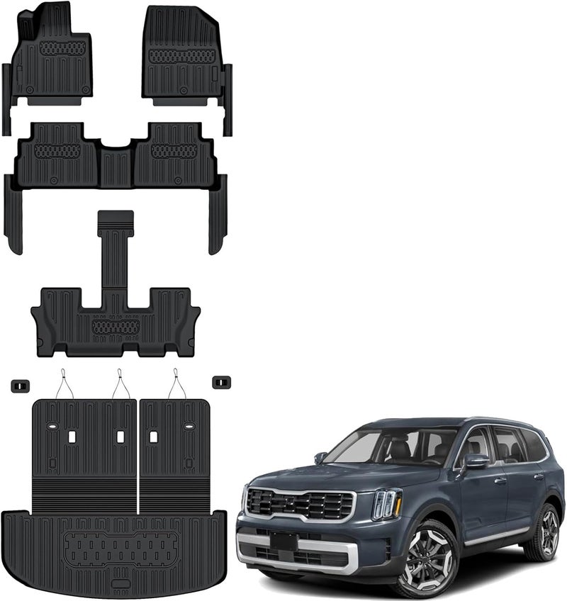 AUXKO All Weather Floor Mats Cargo Mat with Backrest Mat for Kia Telluride 7&8 Seats 2020-2025 TPE Liners Accessories Guard Odorless Anti-Slip Floor Liners & Trunk Liner with Back Seat Protectors - Image 1